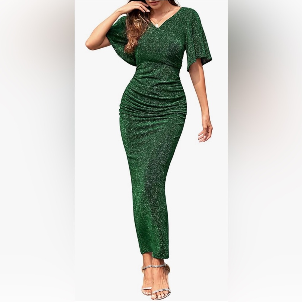 Women's V Neck Sparkly Ruched Dress Glitter Party Cocktail Maxi Bodycon Dress Z4
